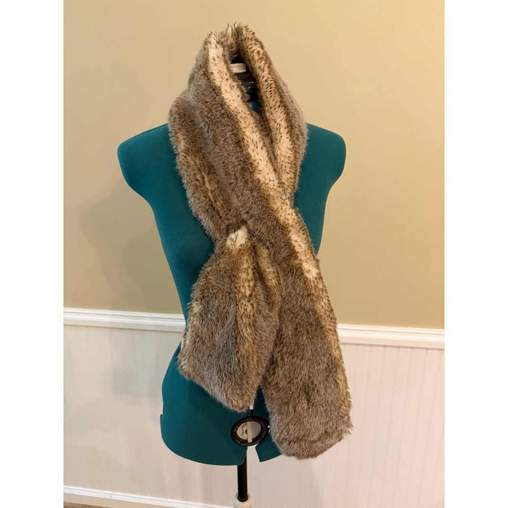 Restoration Hardware RH Faux Fur Scarf Stole Brown Animal Print Pull Through